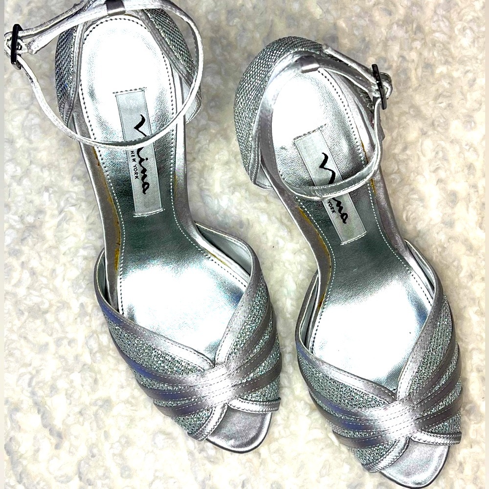 Nina Silver Satin Elian Dressy Open Toe Heel with Ankle Strap. Size 6.5